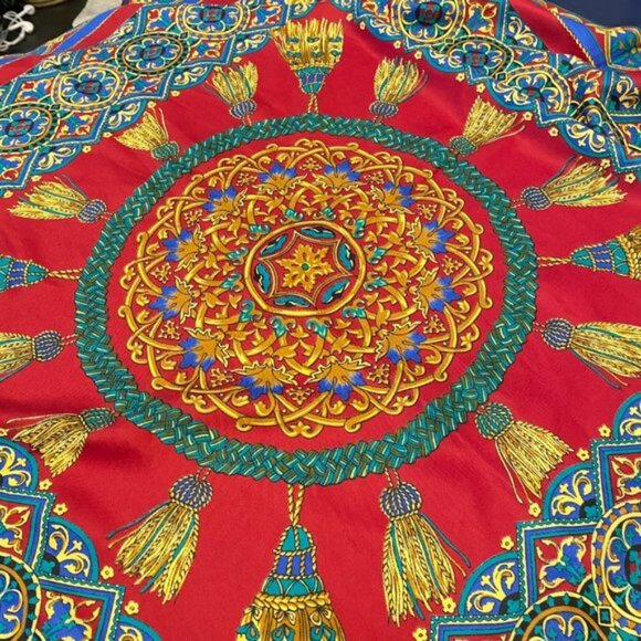 Square Scarf Mandala and Tassels Burgundy Navy Gold - Picture 2 of 5